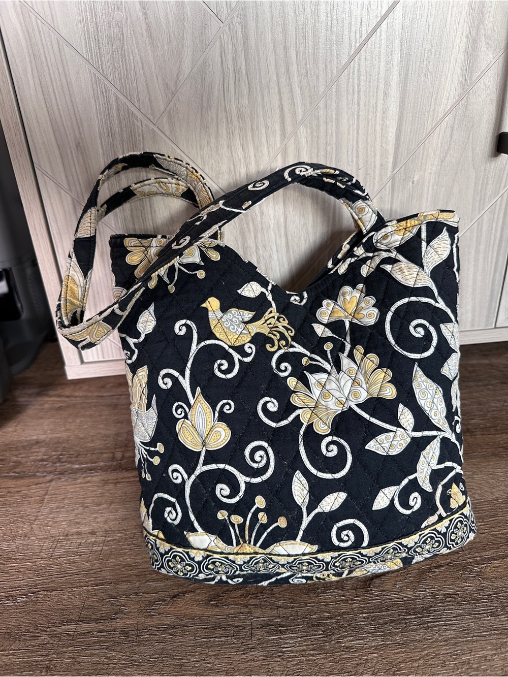Vera Bradley Yellow Bird Shoulder Bag Tote Retired Pattern Quilted Black Yellow